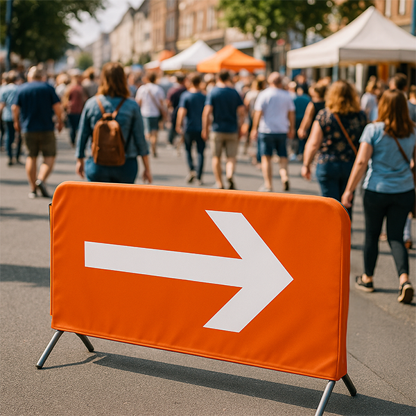 Personenleitsysteme mit Hussen und Pfeil-Markierung lenken Besucherströme bei einem Stadtfest