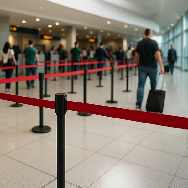 Personenleitsysteme mit roten Gurtbändern strukturieren Warteschlangen im Flughafen