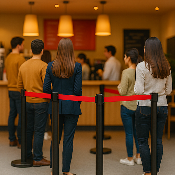 Personenleitsysteme mit roten Gurtbändern organisieren die Warteschlange in einer Gastronomie