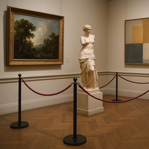 Personenleitsysteme mit Samtkordeln schützen Kunstwerke und leiten Besucher in einer Ausstellung