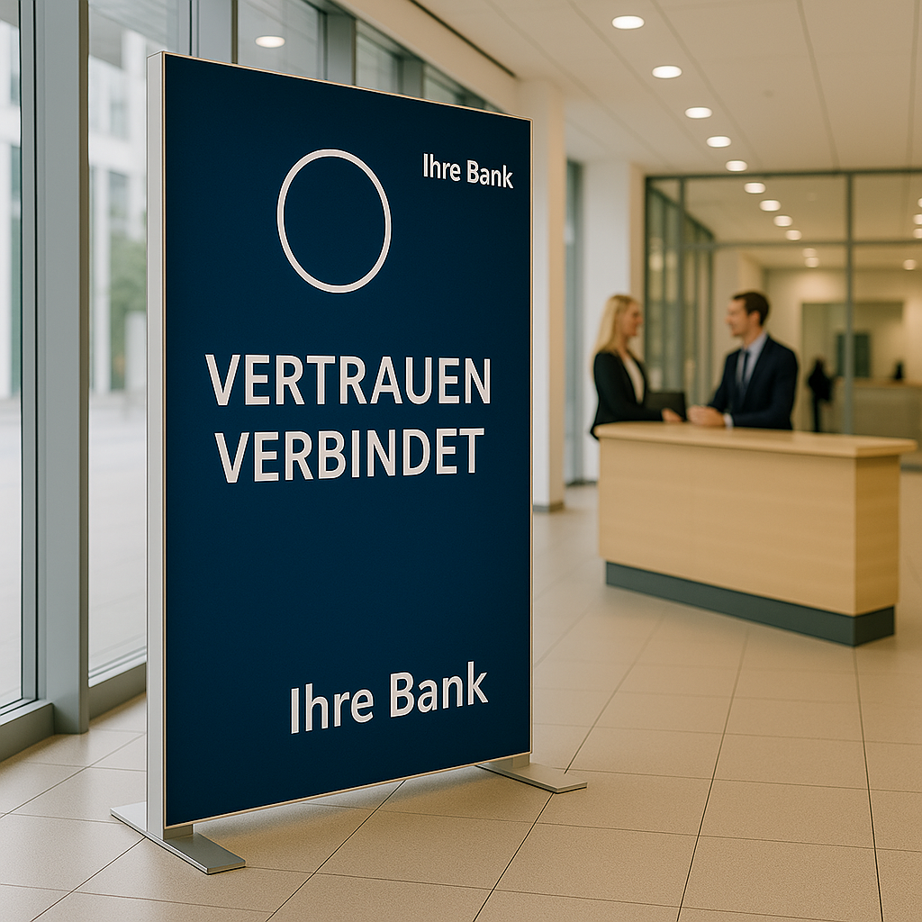 Eleganter Textilspannrahmen mit Schriftzug „Vertrauen verbindet“ im Foyer einer Bankfiliale.