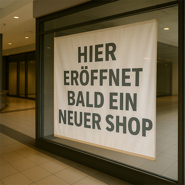 Großes Schaufensterbanner mit Aufschrift „Hier eröffnet bald ein neuer Shop“ in einer Einkaufspassage.