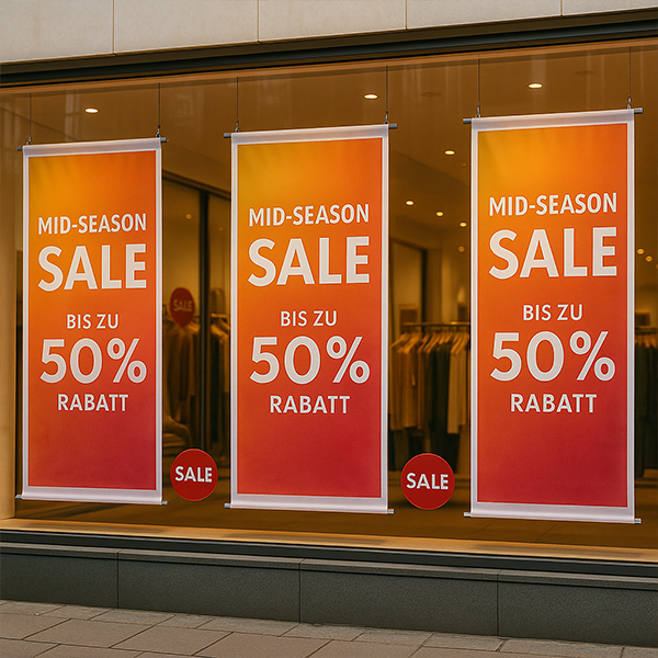 Drei Schaufensterbanner mit „Mid-Season Sale – bis zu 50 % Rabatt“ in einem Modegeschäft.