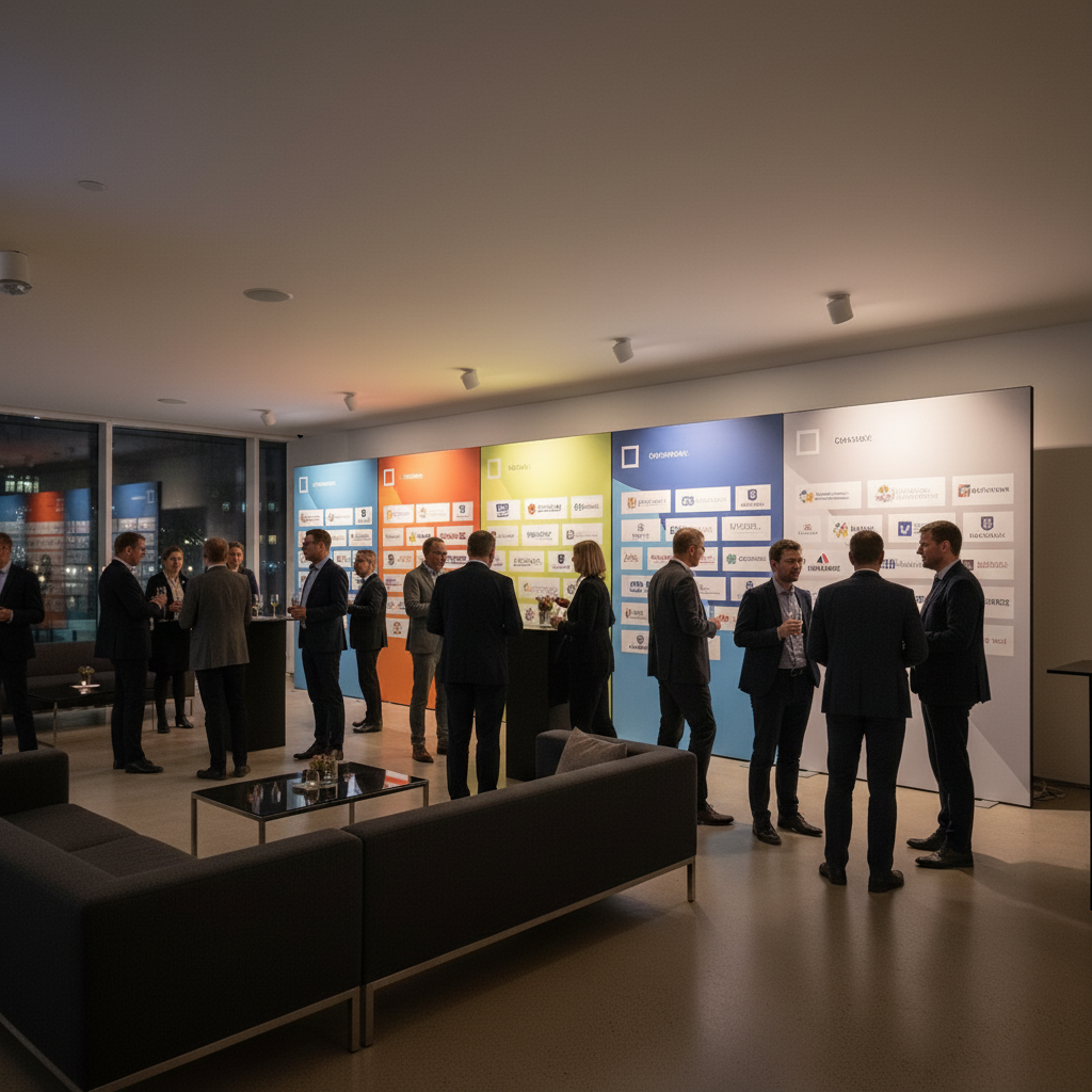 Bedruckte Sponsorenwand mit großformatigen Stoffbannern bei einem Business-Event.