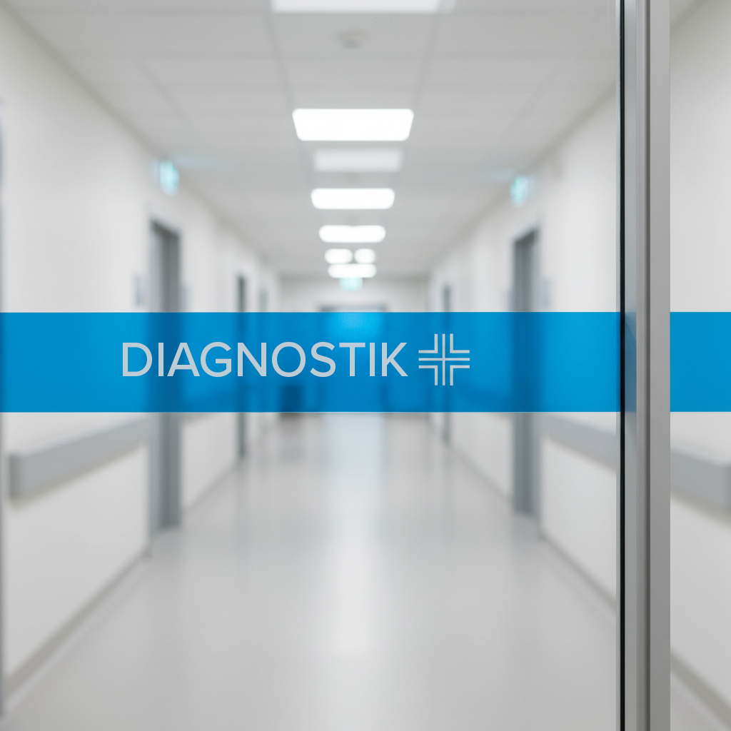 Transluzenter, blauer Klebefolienstreifen mit Aufschrift ‚Diagnostik‘ auf einer Glas-Schiebetür im Krankenhausflur.