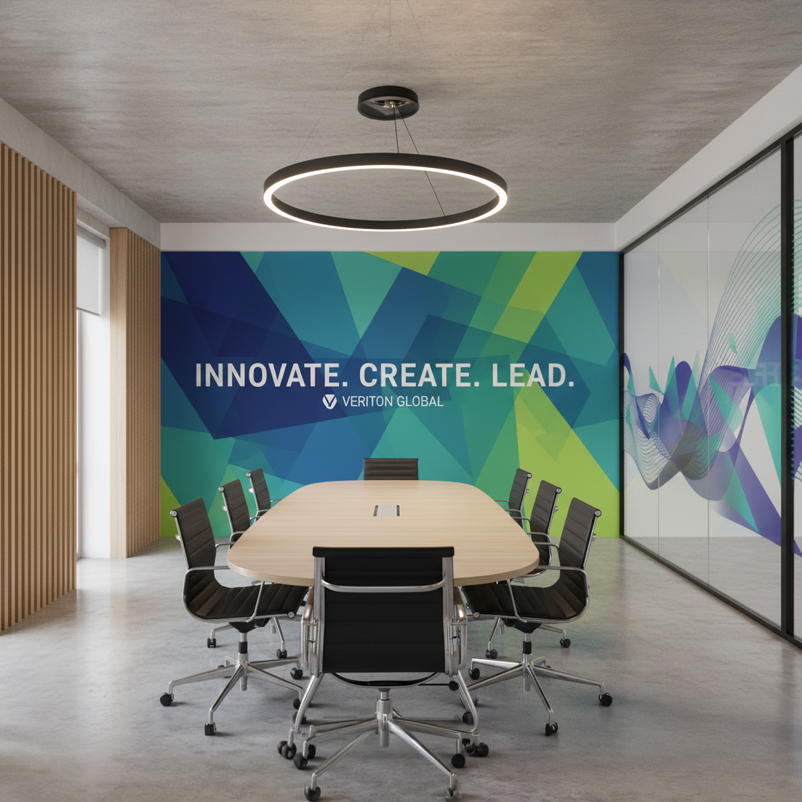 EGroßformatige Wandfolie mit abstrakten Farbflächen und Claim in einem modernen Konferenzraum als Brandingfläche.
