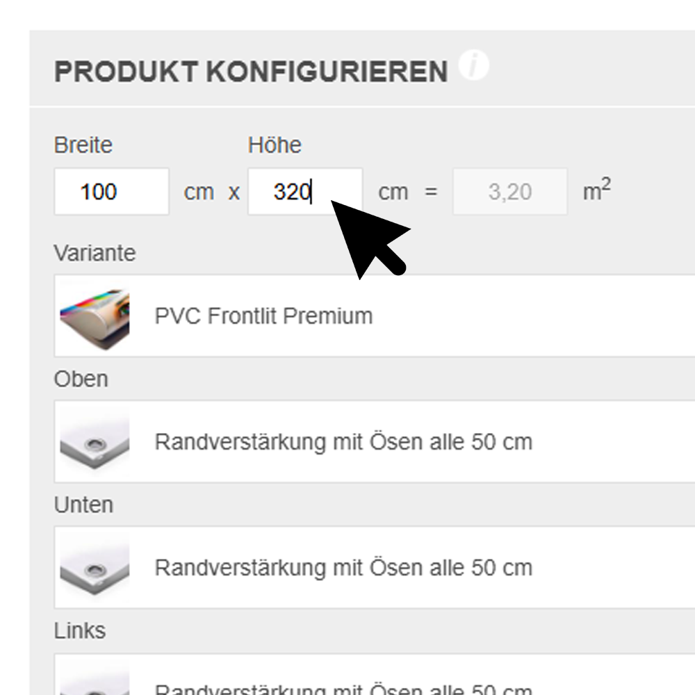 Konfiguration von Format, Material und Randverstärkung für ein Abi-Banner
