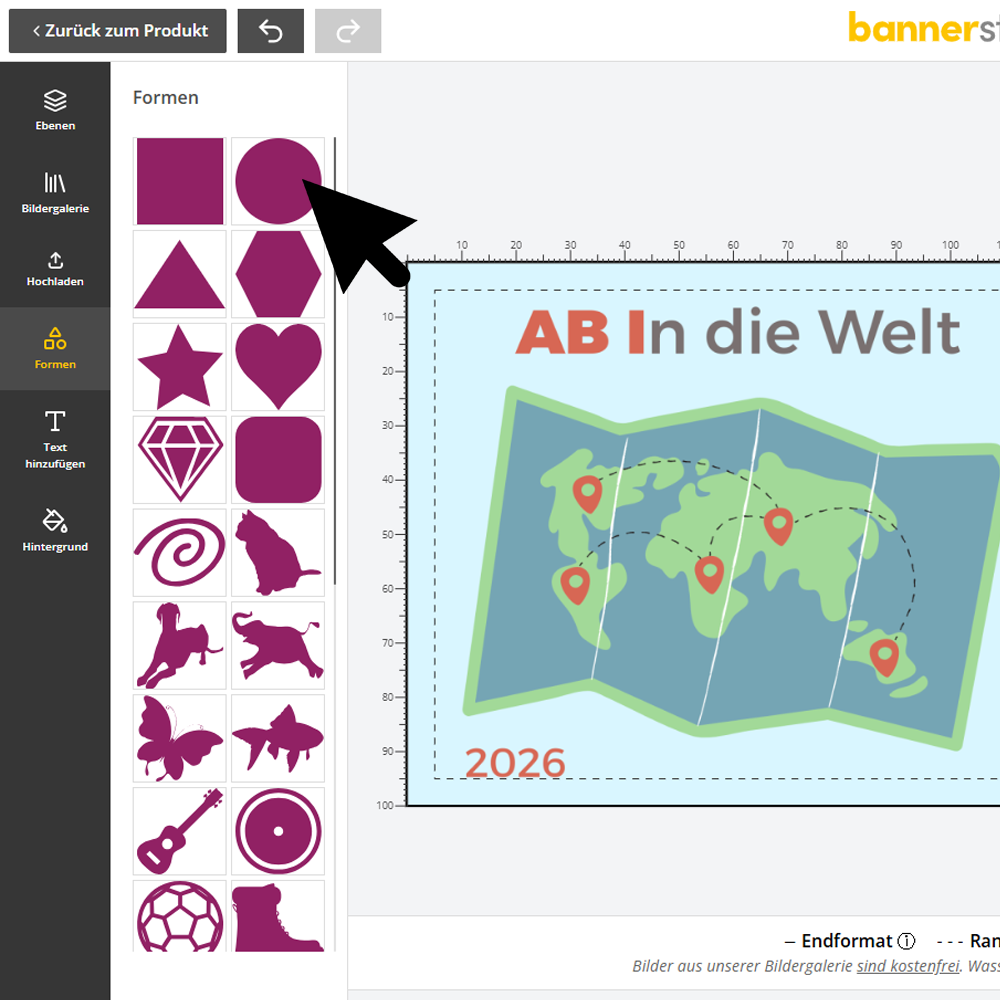 Gestaltung eines Abi-Banners mit Text, Formen und Motiven im Online-Designer