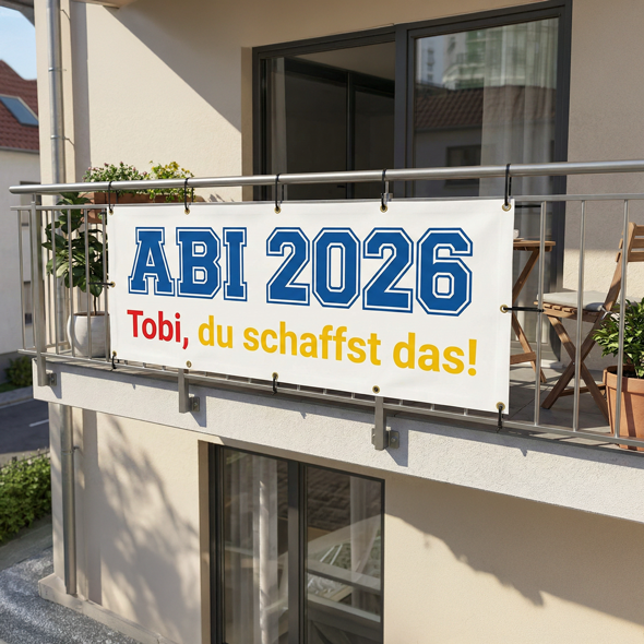 bibanner auf dem Balkon mit Aufdruck ‘ABI 2026 – Tobi, du schaffst das!’ – wetterfestes PVC-Banner für Abitur-Motivation.“