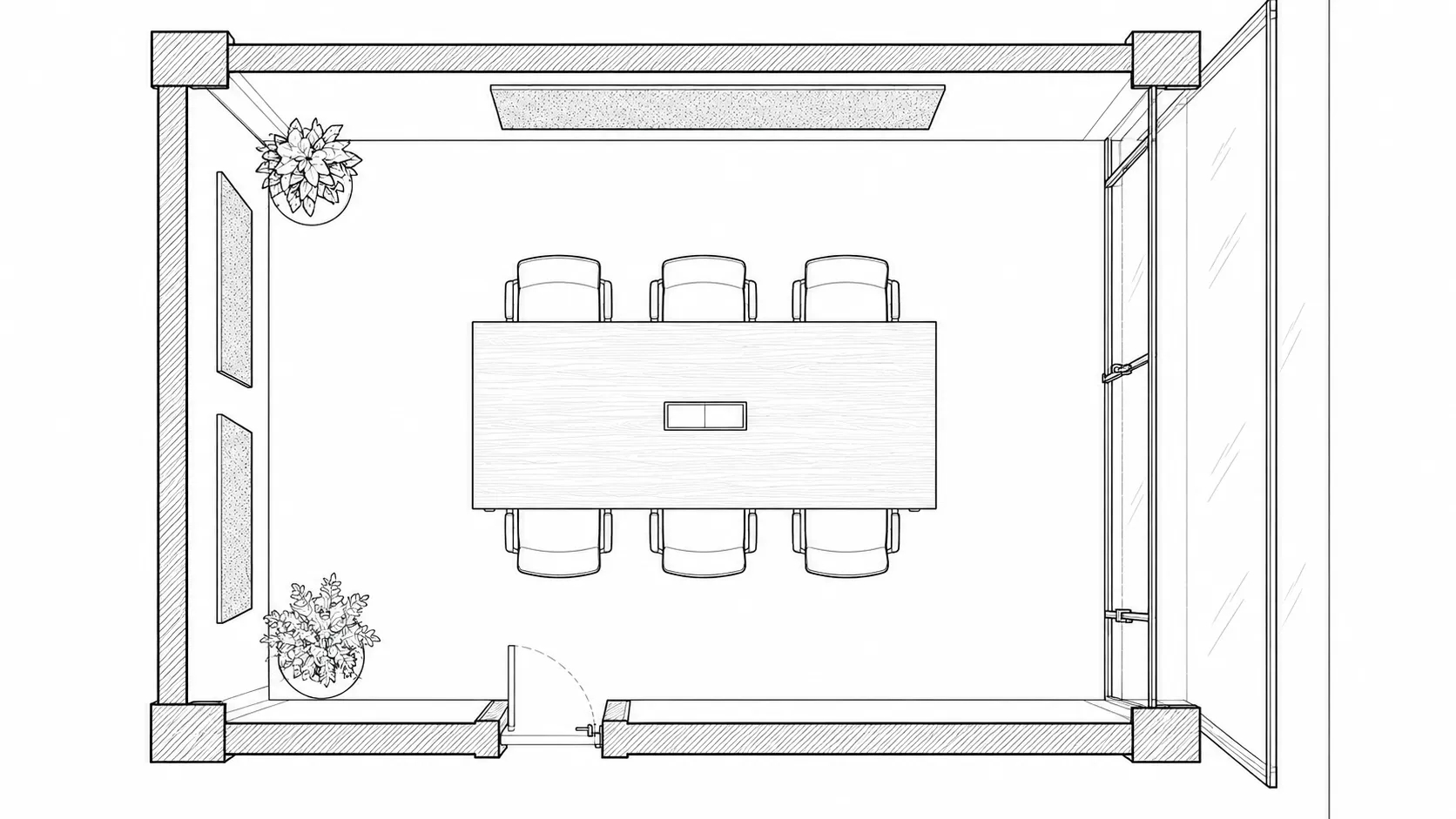 Grundrissskizze mit Akustikelementen an Wand und Decke in einem Besprechungsraum
