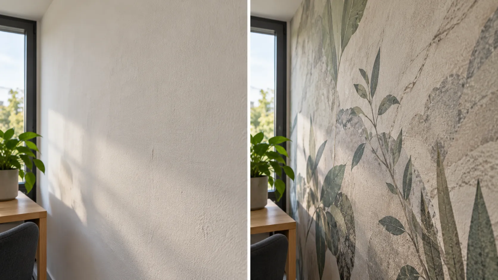 Vergleich einer hellen Wand und einer bedruckten Akustiktapete im Streiflicht