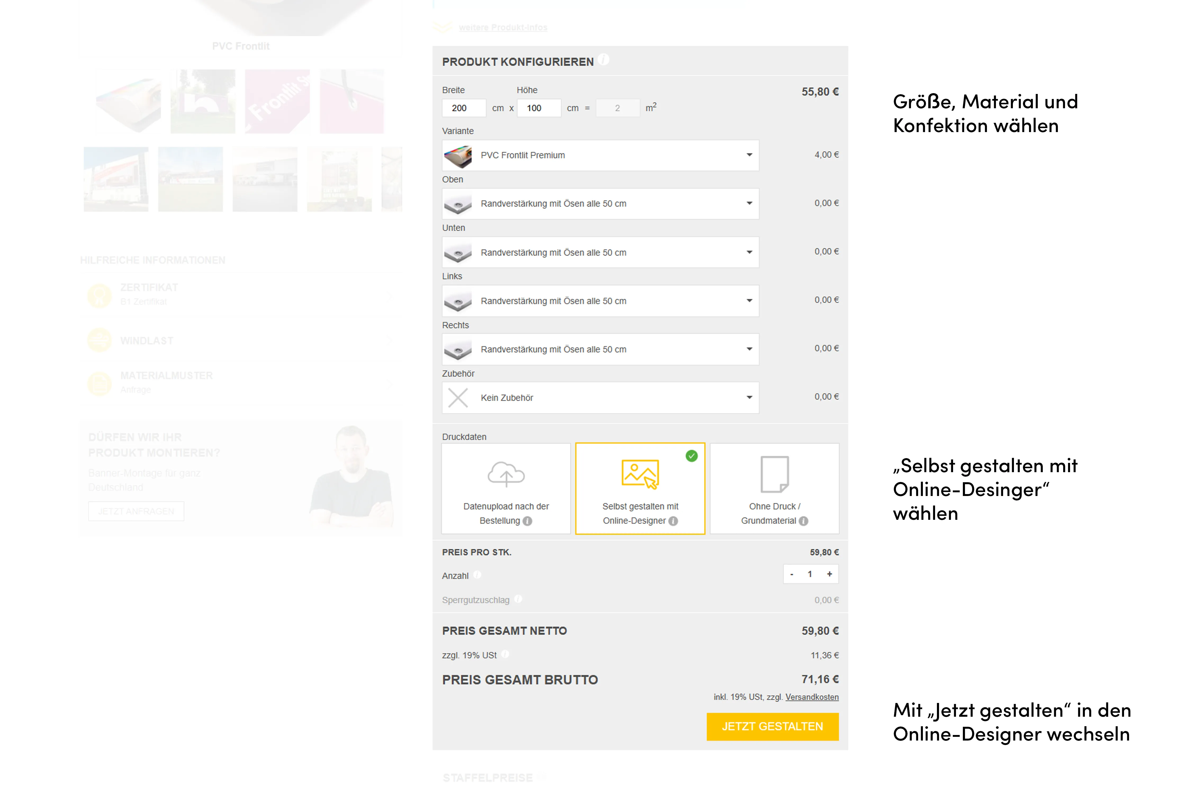 Produktkonfiguration für Banner mit Option Online gestalten