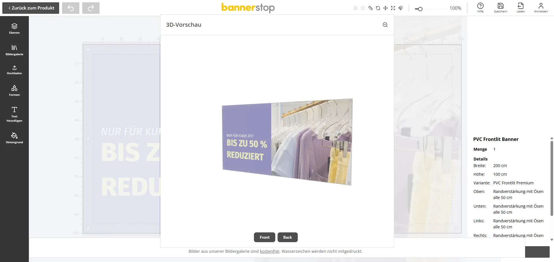 3D-Vorschau des gestalteten Banners im Online-Designer