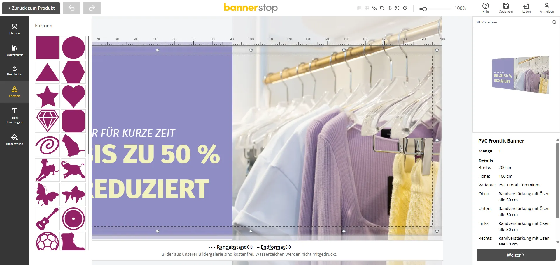 Gestaltungsoberfläche im Online-Designer mit Formen und Bannerentwurf