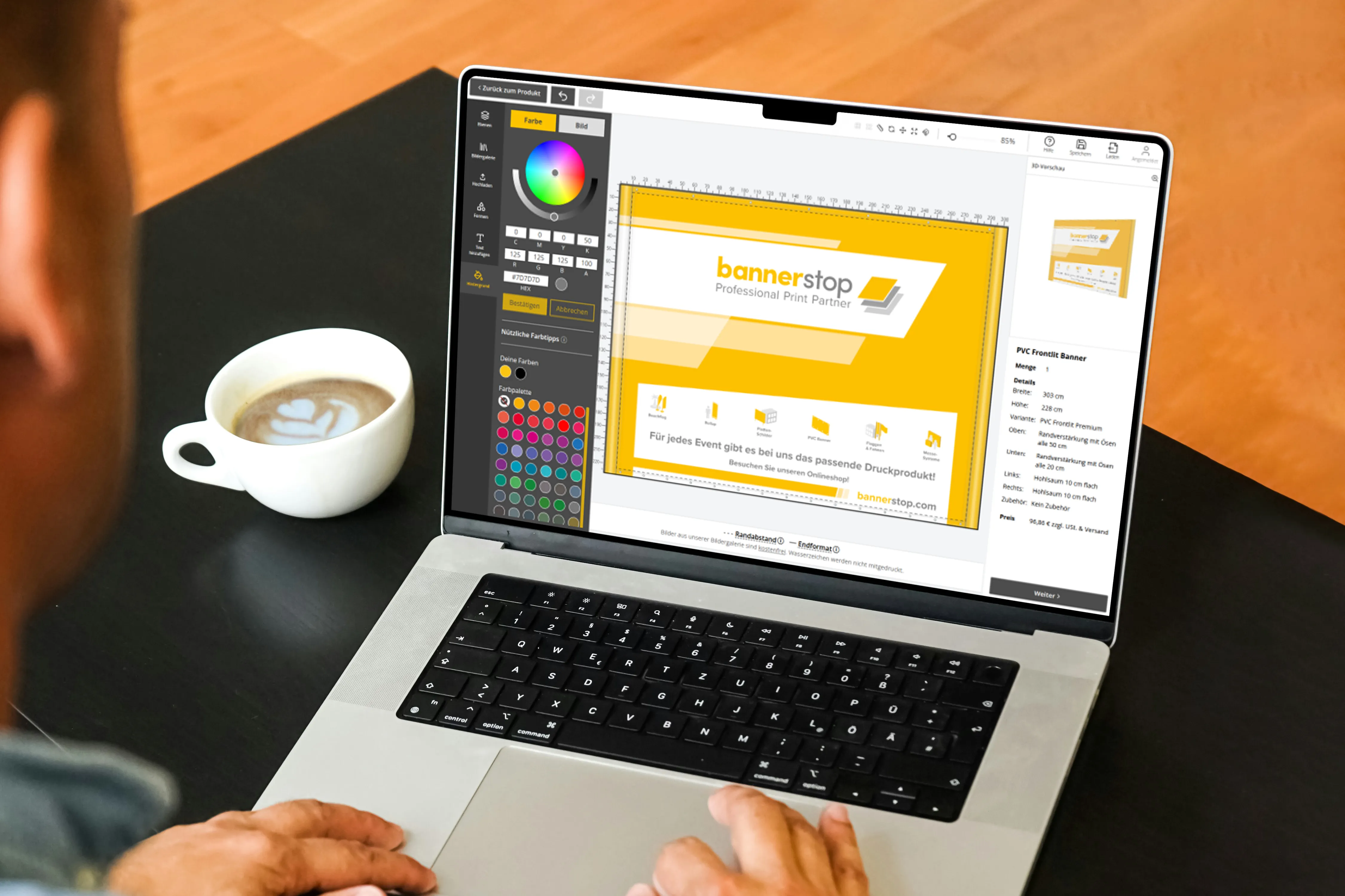 Laptop mit bannerstop Online-Designer und gestaltetem Banner