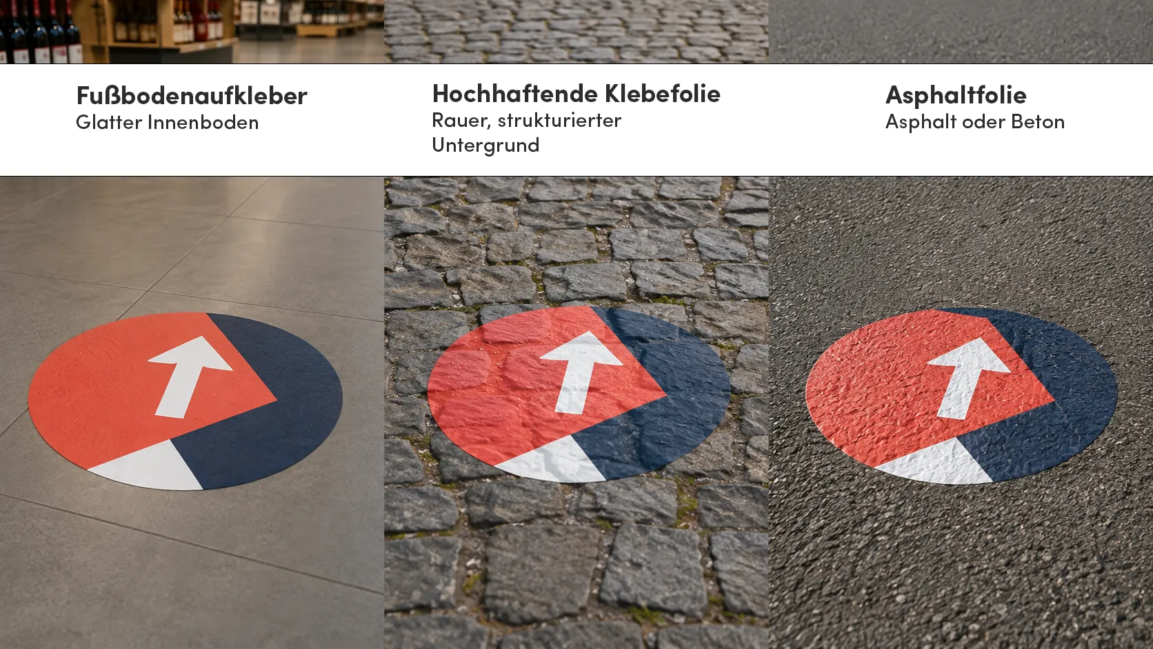 Vergleich von Fußbodenaufkleber auf glattem Innenboden, hochhaftender Klebefolie auf Pflaster und Asphaltfolie auf Asphalt