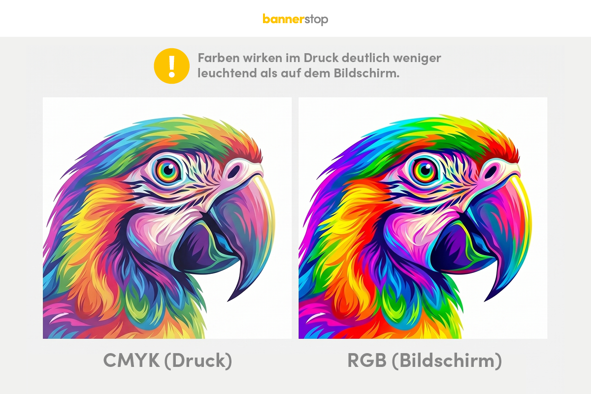 Vergleich von CMYK und RGB: Farben wirken im Druck weniger leuchtend als am Bildschirm.