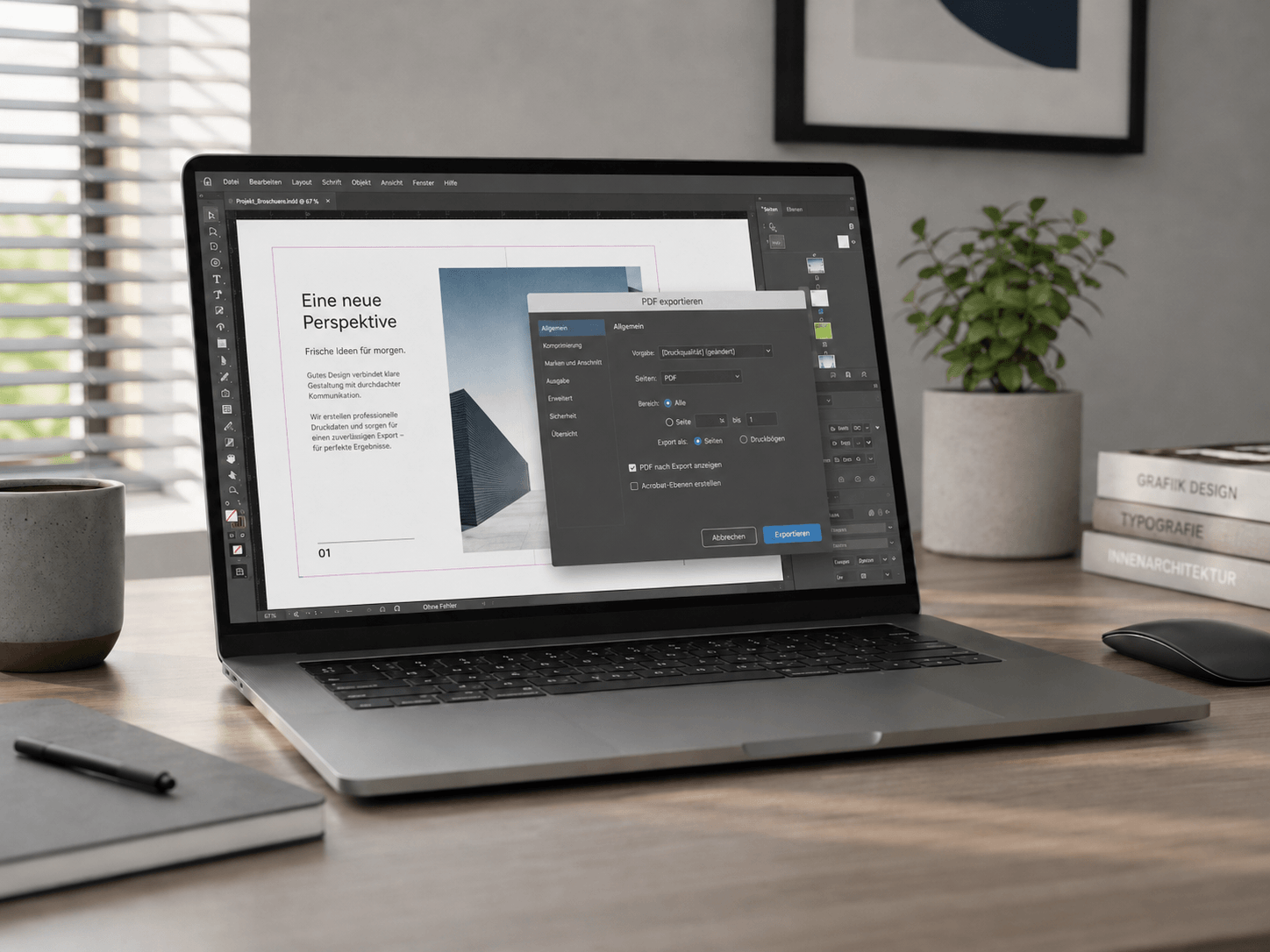 Laptop mit geöffnetem Layoutprogramm und PDF-Export-Dialog für die Erstellung druckfähiger Druckdaten