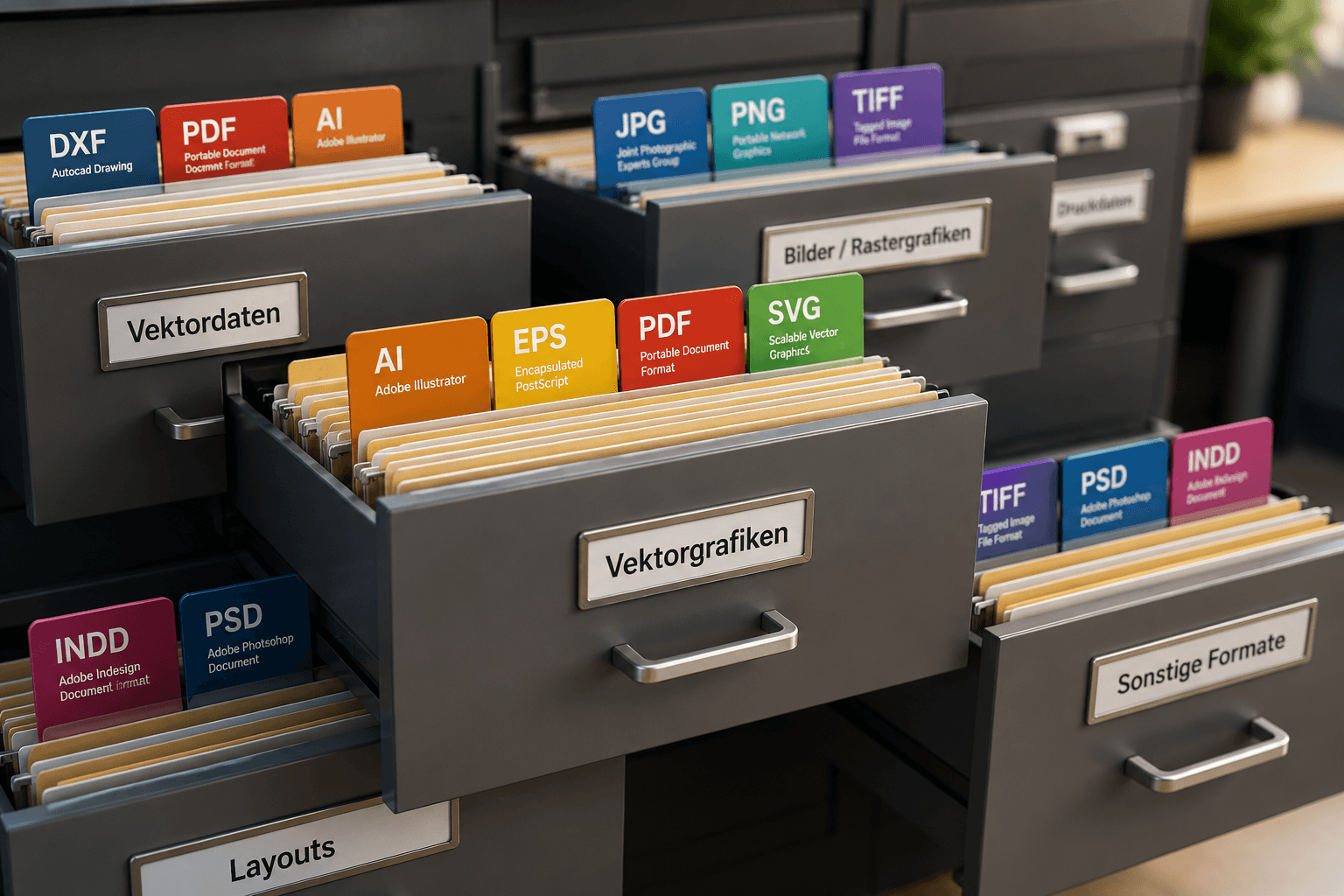 Geöffnete Archivschubladen mit verschiedenen Dateiformaten wie PDF, JPG, AI, EPS und SVG für Druckdaten.