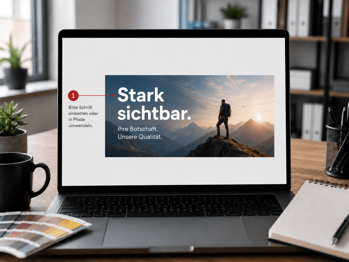 Laptop mit stilisiertem Korrekturabzug eines Werbebanners und Hinweis, Schriften einzubetten oder in Pfade umzuwandeln.