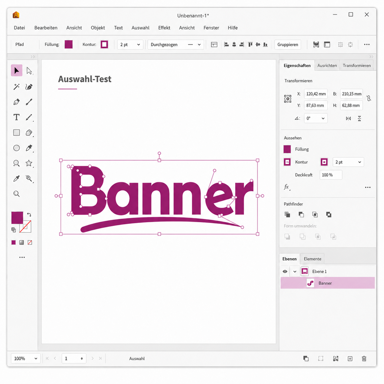 Ausgewählte Vektorgrafik mit sichtbaren Pfaden und Ankerpunkten in einem Grafikprogramm