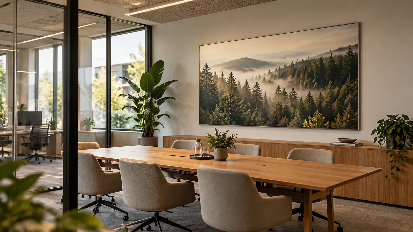 Besprechungsraum mit individuell bedrucktem Akustikbild an der Wand