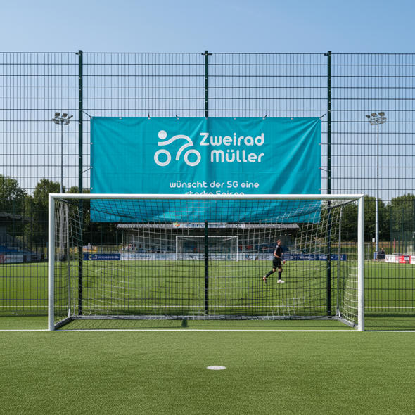 Sponsorenbanner am Ballfangzaun eines Fußballplatzes mit Vereinsbezug