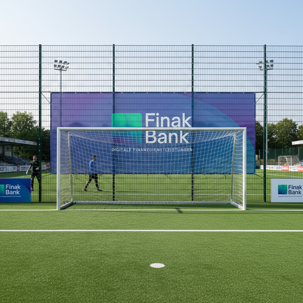 Großes Stadionbanner hinter dem Tor am Ballfangzaun mit Bank-Werbung