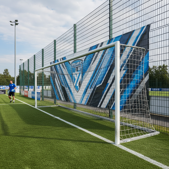 Stadionbanner hinter dem Tor mit dynamischem Design am Fußballplatz
