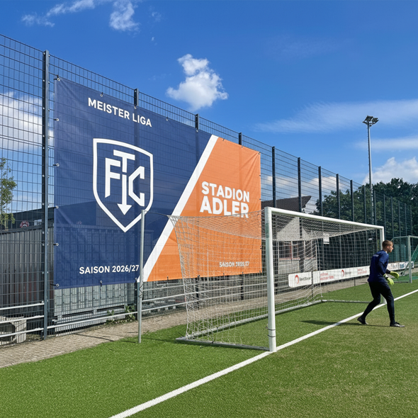 Stadionbanner mit Vereinsdesign am Ballfangzaun für Saisonankündigung