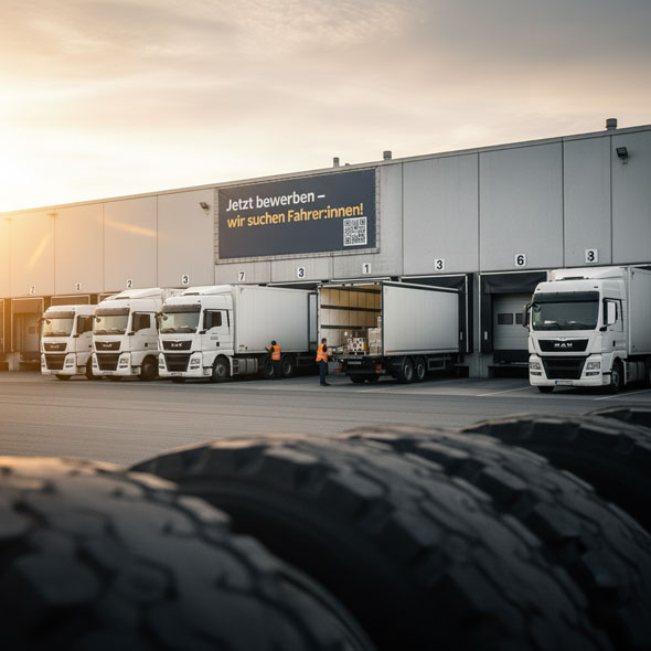 LKW-Flotte an der Laderampe eines Logistikzentrums im Morgenlicht, mit PVC-Bannern „Jetzt bewerben – wir suchen Fahrer:innen!“ – hochwertige Werbebanner zur Mitarbeitergewinnung.