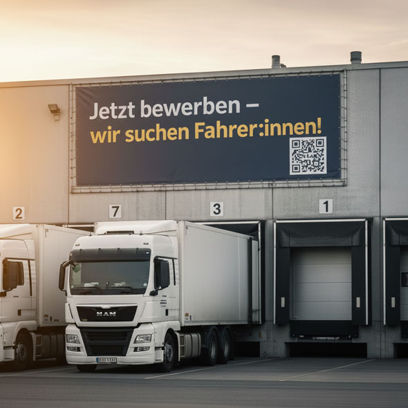 Detailaufnahme der PVC-Banner an der Fassade eines Logistikzentrums mit Slogan „Jetzt bewerben – wir suchen Fahrer:innen!“ – wetterfeste Außenwerbung zur Ansprache von Berufskraftfahrer:innen.
