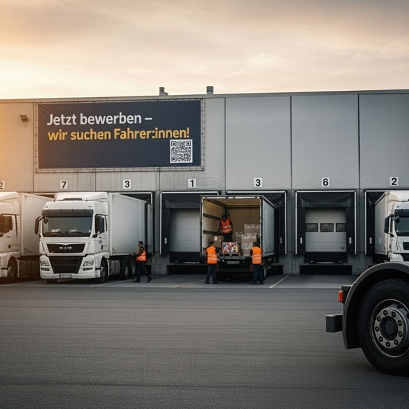 Logistikhalle mit weißen LKWs beim Be- und Entladen, darüber PVC-Banner mit Recruiting-Aufruf „Jetzt bewerben – wir suchen Fahrer:innen!“ – wirkungsvolle Werbefläche direkt am Standort.