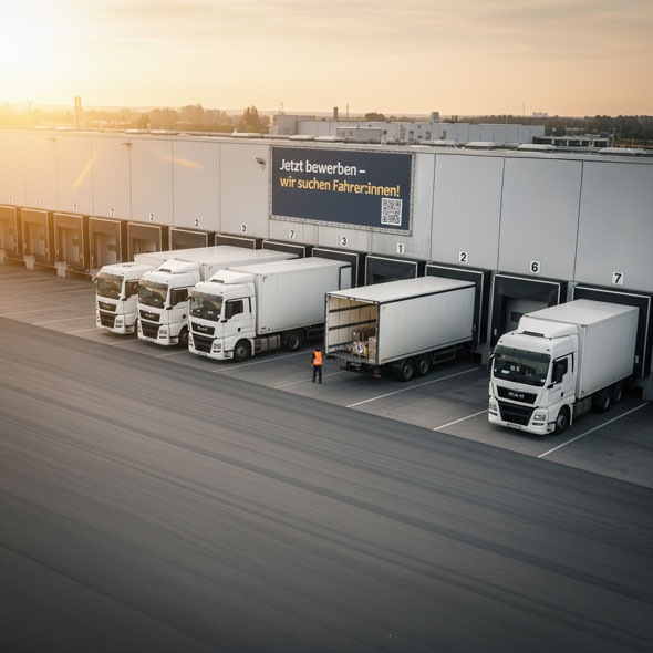 Großformatige PVC-Banner an einer LKW-Laderampe mit Aufdruck „Jetzt bewerben – wir suchen Fahrer:innen!“ bei Sonnenaufgang – aufmerksamkeitsstarke Außenwerbung im Logistikzentrum.