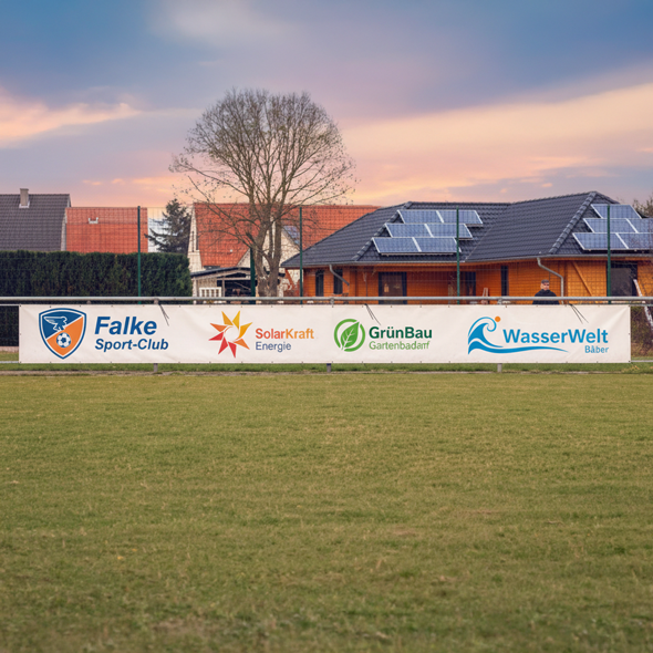 PVC-Frontlit-Banner mit Sponsorenlogos am Spielfeldrand eines Fußballplatzes; Spieler in Aktion, Zuschauer:innen im Hintergrund, natürliche Lichtstimmung.