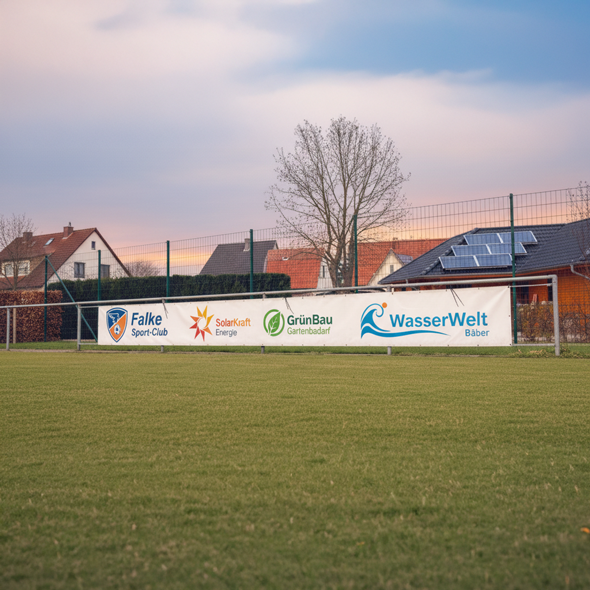 PVC-Banner mit Vereins- und Sponsorenaufdruck entlang eines Fußballfeldes; klare Sichtbarkeit, natürliche Farben, sonniger Tag.