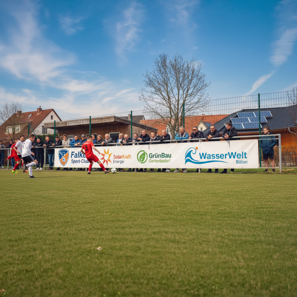 Sportplatz mit aufgereihten Spieler:innen und Sponsorenbanner aus PVC Frontlit; Vereins- und Partnerlogos klar sichtbar.