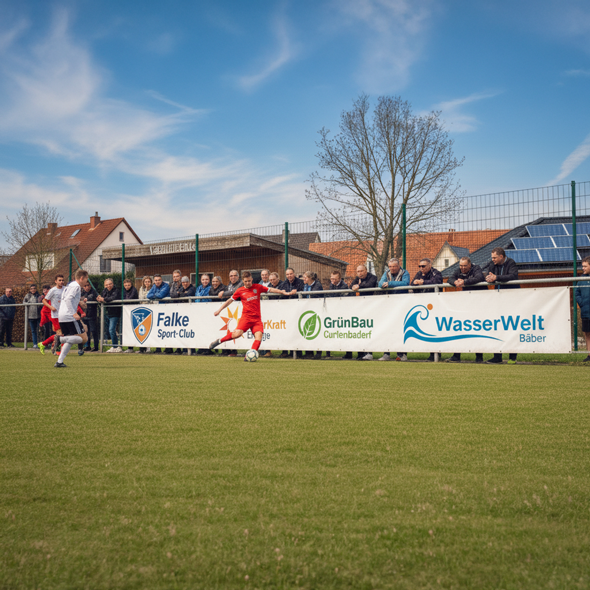 PVC-Frontlit-Banner mit Sponsorenlogos am Fußballfeld bei Abendsonne; warme Lichtstimmung, Werbefläche gut sichtbar im Vereinsumfeld.