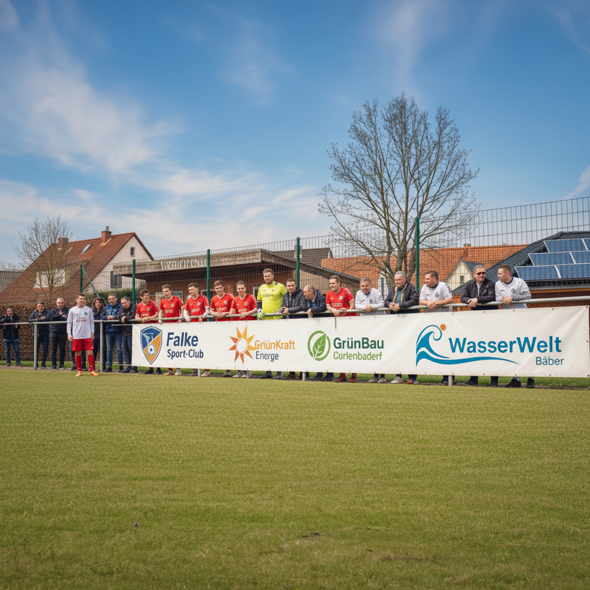 PVC-Frontlit-Banner mit Sponsorenlogos entlang des Spielfeldzauns; ruhige Atmosphäre bei Sonnenuntergang, klare Druckfarben und robuste Plane.