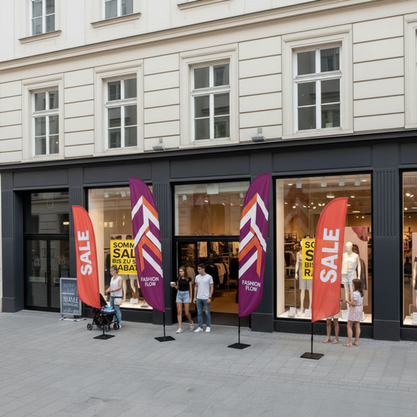 Beachflags mit Markenaufdruck „Fashion Flow“ und SALE-Fahnen vor einem Bekleidungsgeschäft – effektive Außenwerbung während des Sommerschlussverkaufs.