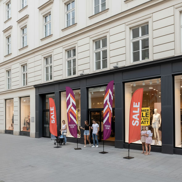 Beachflags in kräftigen Farben vor einem Mode-Einzelhandelsgeschäft – Werbefahnen als Blickfang zur Steigerung der Laufkundschaft bei Rabattaktionen.