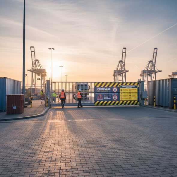 Hafeneinfahrt mit Sicherheitsbereich und Bauzaunbannern – Arbeiter mit Warnwesten am Tor, Containerkräne im Hintergrund bei Sonnenaufgang.