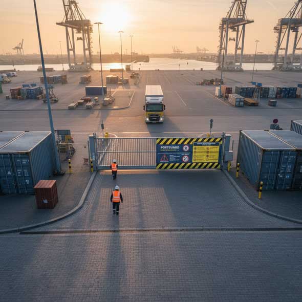 Luftaufnahme der Hafenzufahrt – Lkw fährt auf Tor mit Sicherheitsbannern zu, umgeben von Containern und Kränen im Morgenlicht.