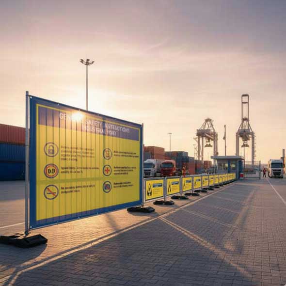 Reihe von gelb-blauen Sicherheitsbannern entlang der Zufahrt zum Containerhafen – klare Sicherheitskennzeichnung im Gegenlicht.