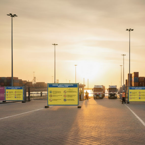 Mehrere großformatige Sicherheitsbanner am Hafentor – strukturierter Zugang mit Lkw, Personen in Warnwesten und Containerkränen im Hintergrund bei Sonnenaufgang.