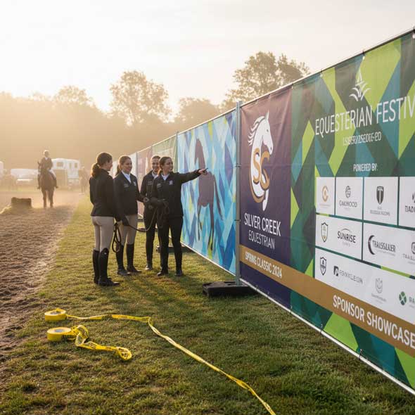 Bauzaunbanner mit Sponsorenlogos am Rand eines Reitturnierplatzes, Reiterinnen diskutieren vor dem Banner.
