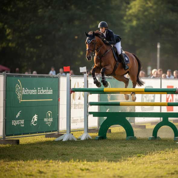 Reiterin beim Springturnier in Aktion – grüne Bauzaunbanner mit Vereinslogo am Parcoursrand.