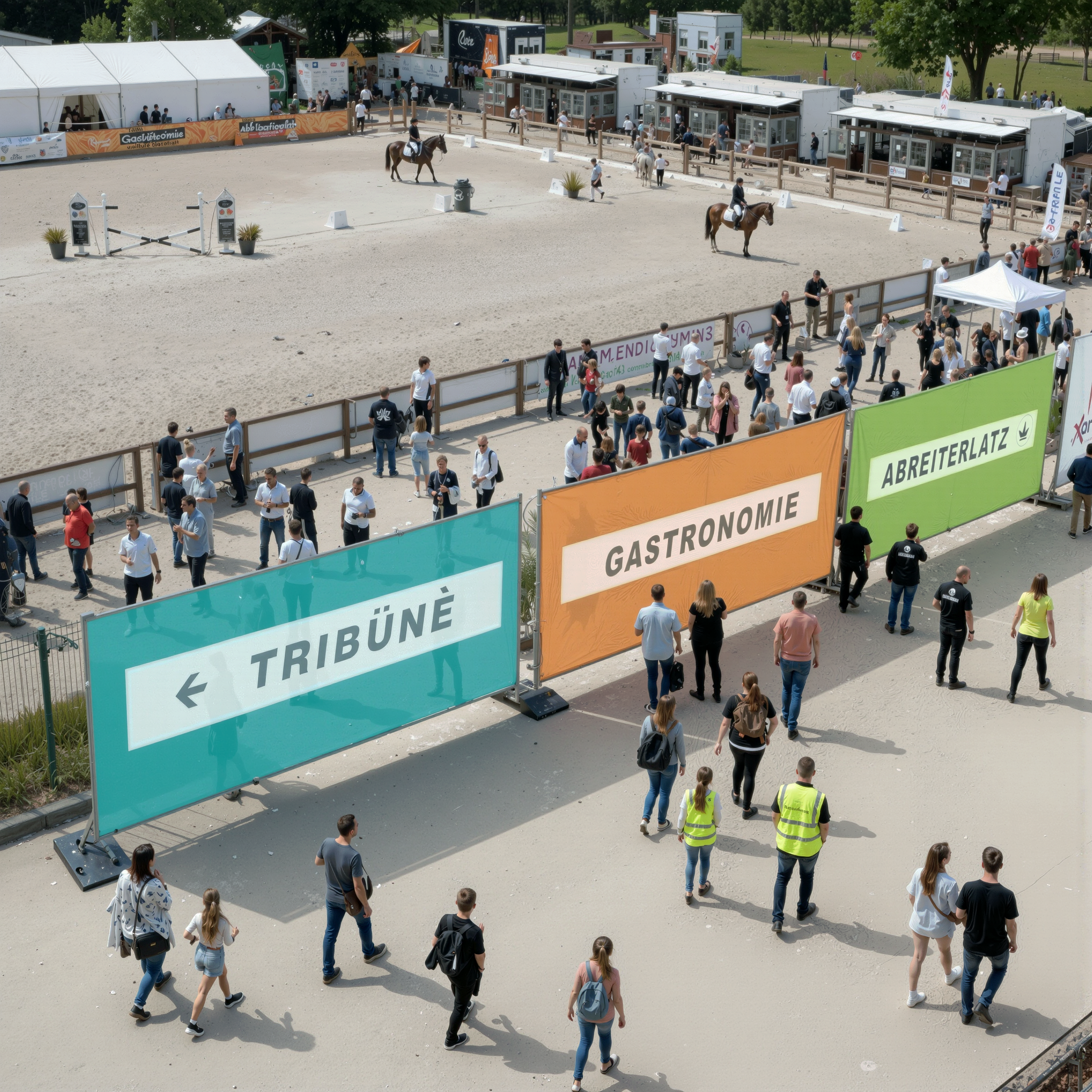 Großformatige Richtungs- und Bereichsbanner (Tribüne, Gastronomie, Abreiteplatz) zur Besucherführung am Turnier.
