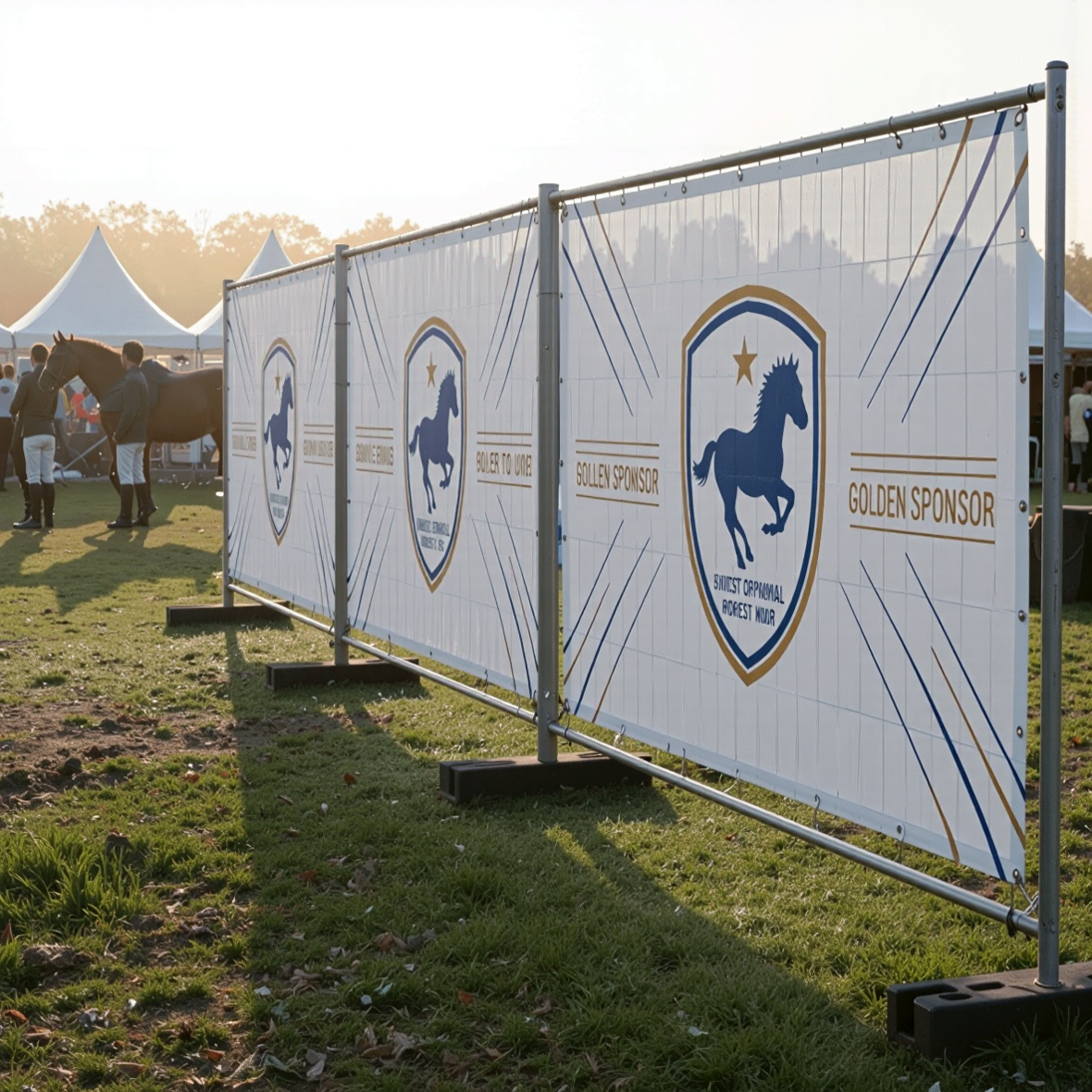 Bauzaunbanner mit Pferde-Emblem im Sponsorendesign entlang des Turniergeländes, Zelte und Pferde im Hintergrund.