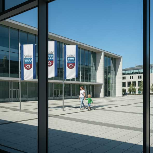 Blick durch die Glasfassade auf den Rathausplatz mit drei blau-weißen Stadtfahnen.